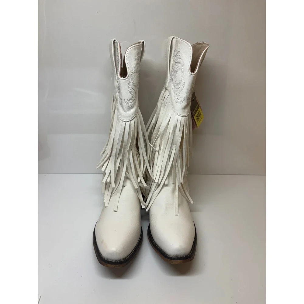 Roper Girls White Faux Leather Fringe Rickrack Snip Toe Cowboy Boots Size 1 NEW